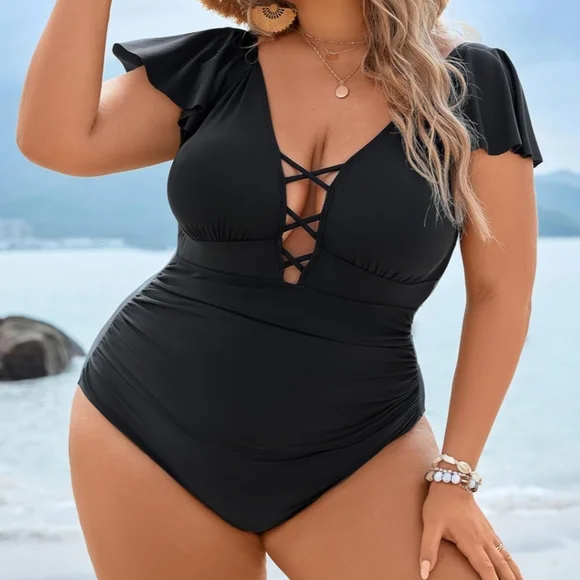 BLOOMING JELLY PLUS SIZE One Piece Short Ruffle Sleeve Swimsuit - Picture 2 of 7
